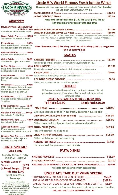 Menu - Uncle Al's Davie