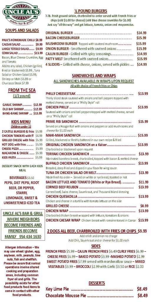 Menu - Uncle Al's Davie