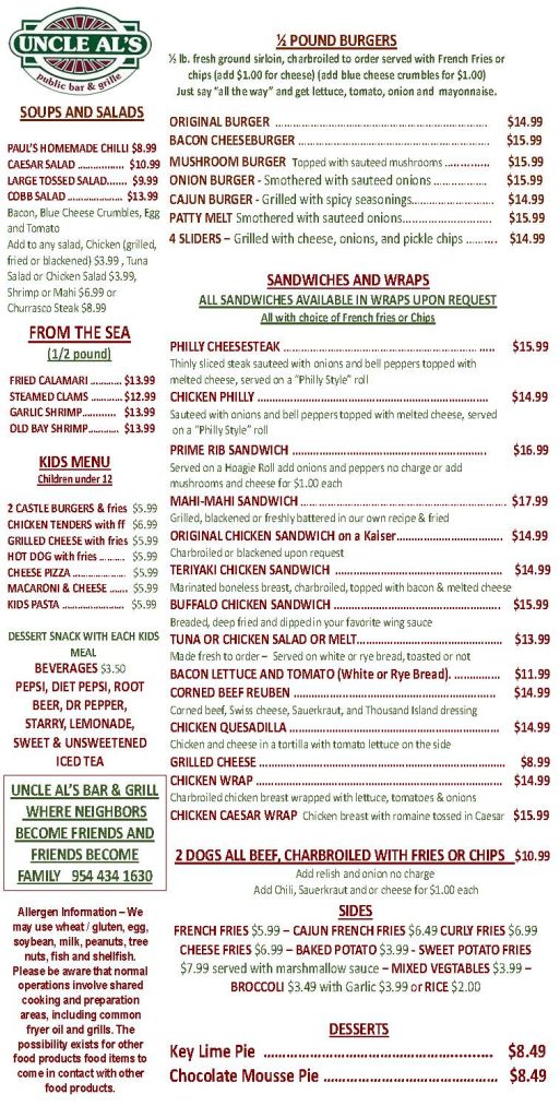 Menu - Uncle Al's Davie